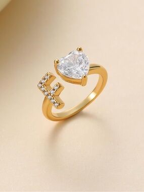 Gold Heart Crystal Letter F Open Ring - Women's Fashion Jewelry